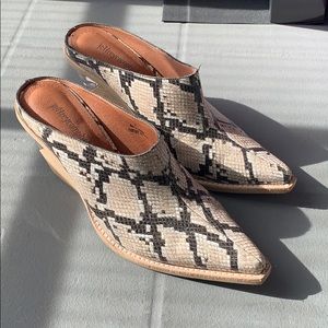 Jeffrey Campbell snakeskin heeled mules